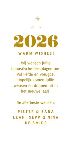 Minimalistische kerstkaart met papieren kerstballen en 2026 Achterkant