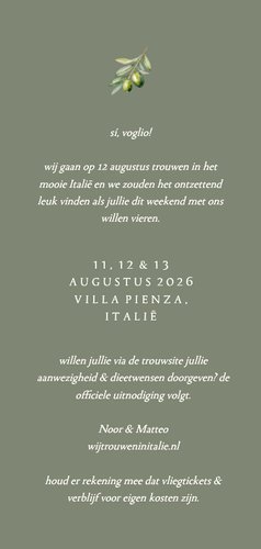 Minimalistische save the date groen met olijftakje Achterkant