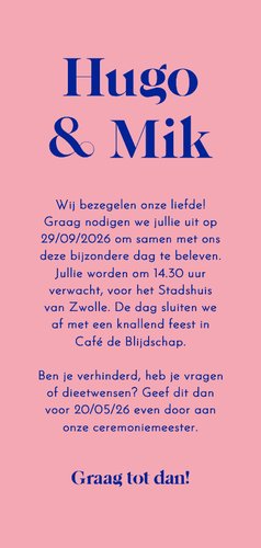 Minimalistische trouwkaart colorblocking blauw roze Achterkant