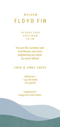 Modern geboortekaartje met abstract landschap en gouden zon Achterkant