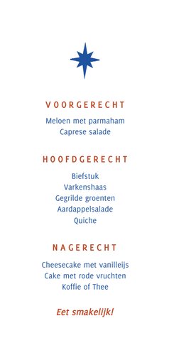 Modern kerstmenu met kerstboompje in beige en blauw Achterkant