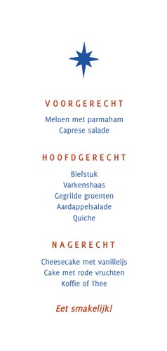 Modern kerstmenu met kerstboompje in beige en blauw Achterkant