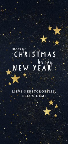 Moderne kerstkaart met typografie en gouden sterren Achterkant