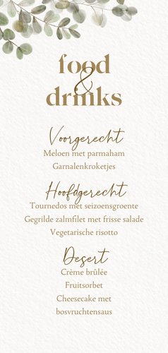 Moderne menukaart eerste communie eucalyptus takjes Achterkant