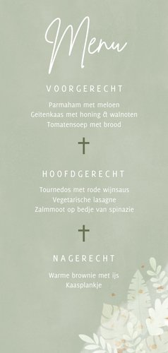 Moderne menukaart eerste communie jungle en gouden spetters Achterkant