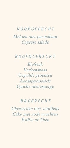 Moderne menukaart in blauw hapjes en meer Achterkant