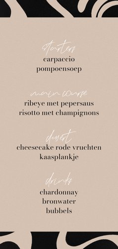 Moderne menukaart zwarte swirl beige achtergrond typografie Achterkant