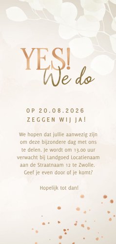 Moderne trouwkaart eucalyptus koper hartjes Yes we do 3