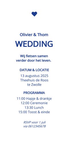 Moderne trouwkaart met blauwe herenfietsen Achterkant
