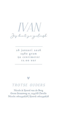 Mooi geboortekaartje winters blauw met foto kader en sneeuw Achterkant