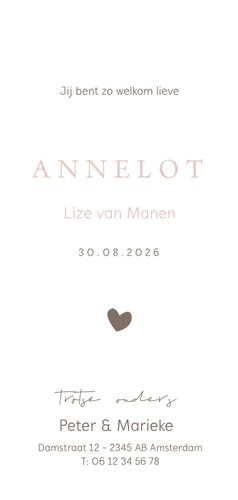 Mooi oudroze geboortekaartje met een bruin hartje Achterkant