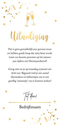 Nieuwjaarsborrel uitnodiging goudlook confetti Achterkant