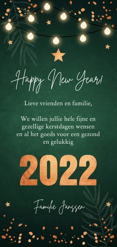 Nieuwjaarskaart groen foto lampjes confetti koperlook Achterkant