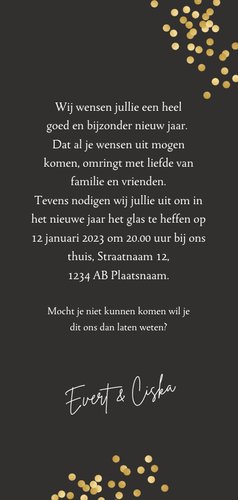 Nieuwjaarskaart met confetti in goud en evt. uitnodiging 3