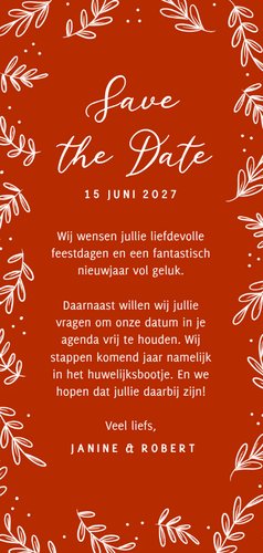 Nostalgische kerst save the date kaart met takjes in rood Achterkant