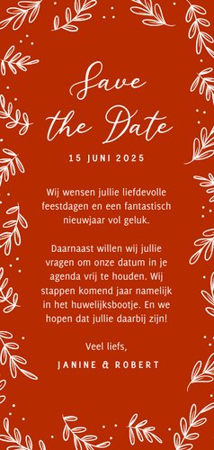 Nostalgische kerst save the date kaart met takjes in rood Achterkant