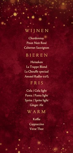 Rode menukaart kerstmis takjes lampjes sneeuwvlokken goud 2