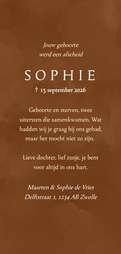 Roestkleurige rouwkaart sterrenkindje met roosjes Achterkant