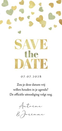 Romantische save the date uitnodiging hartjes goud groen 3