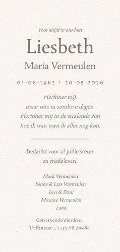 Rouwkaart bedankt met papiertextuur en rozen Achterkant