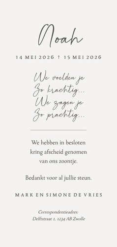 Rouwkaartje sterrenkindje met tekening van kindje en handen Achterkant