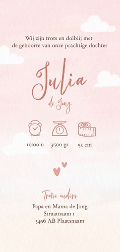 Roze geboortekaartje met beige luchtballon Achterkant