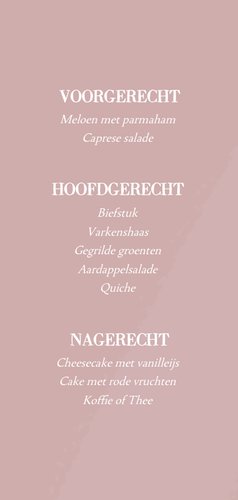 Roze menukaart voor communie met klassiek duifje Achterkant