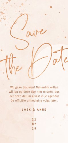 Save the date kaart bohemian lichtroze met koper Achterkant