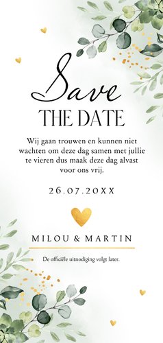 Save the Date kaart floral botanische bladeren groen Achterkant