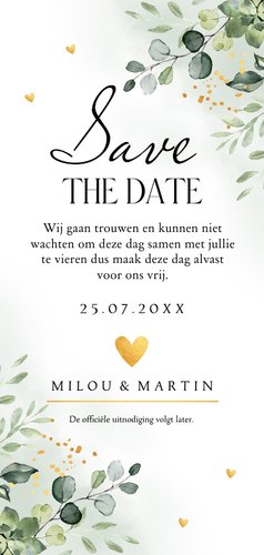 Save the Date kaart floral botanische bladeren groen Achterkant