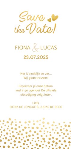 Save the Date kaart gouden stippen en hartjes Achterkant