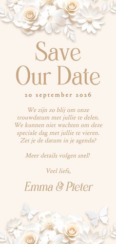 Save the date kaart grote datum met stijlvolle witte bloemen Achterkant