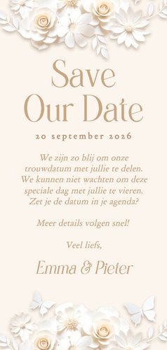 Save the date kaart grote datum met stijlvolle witte bloemen Achterkant