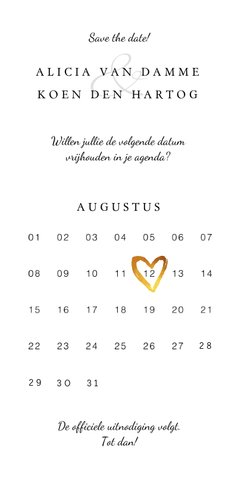 Save the date kaart klassiek en stijlvol met goud & kalender Achterkant
