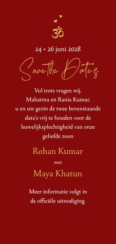 Save the date kaart rood mandala hartjes Hindoestaans goud Achterkant