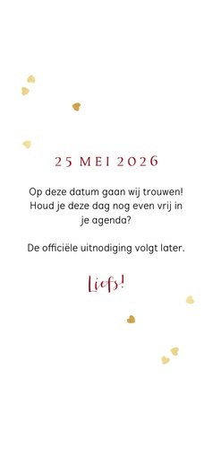 Save the date kaart watercolor dipdye goud spetters hartjes  Achterkant