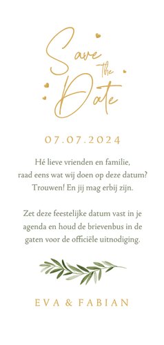 Save the date kalender eucalyptus stijlvol hartjes klassiek Achterkant