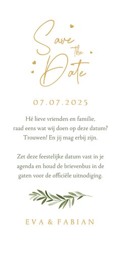 Save the date kalender eucalyptus stijlvol hartjes klassiek Achterkant