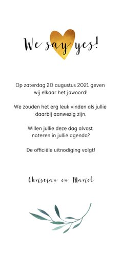 Save the date kalender kaart met waterverf en blaadjes Achterkant