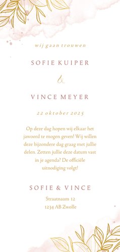 Save the date romantisch gouden bloemen met roze waterverf Achterkant