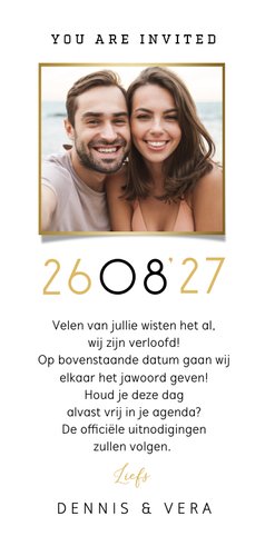 Save the date trouwkaart ticket goud modern foto Achterkant