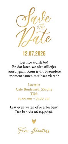 Save the date uitnodiging feestje verjaardag goud stijlvol 3