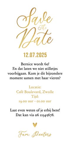 Save the date uitnodiging feestje verjaardag goud stijlvol 3