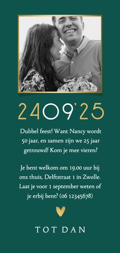 Save the date uitnodiging ticket dubbel feest goud Achterkant