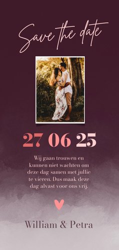 Save the date waterverf rood paars Achterkant