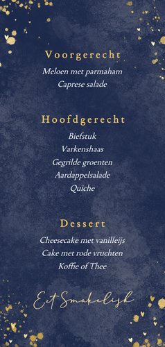 Stijlvol donkerblauw menukaartje huwelijk met gouden zwanen Achterkant