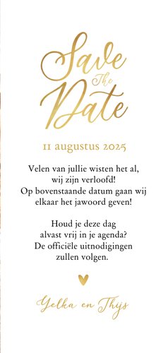 Stijlvolle algemene save the date trouwkaart goud hartje 3