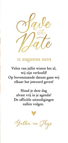 Stijlvolle algemene save the date trouwkaart goud hartje 3