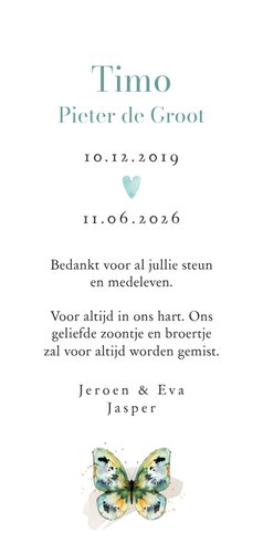 Stijlvolle bedankkaart kleurrijke vlinder watercolor hart Achterkant