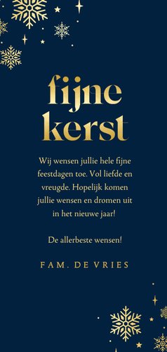 Stijlvolle blauwe kerstkaart met sneeuwvlokken en sterren Achterkant
